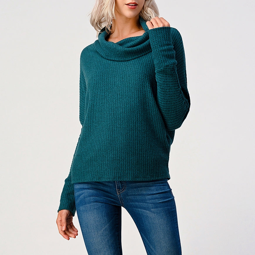 Brushed Knit Turtleneck Tunic Top - Teal Green