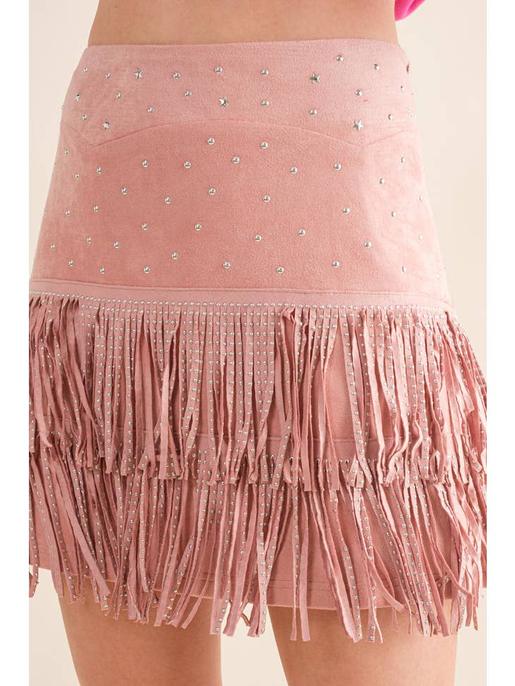 Tiered Fringe Mini Skirt - Pink Star Studded