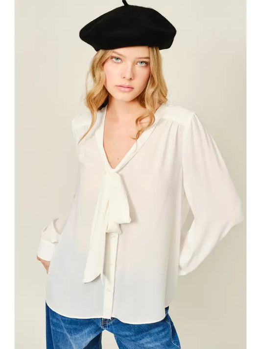Ribbon Shirring Blouse - Cream