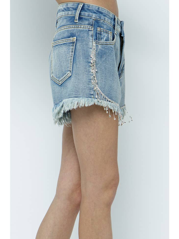 Fringe Rhinestone Frayed Denim Short