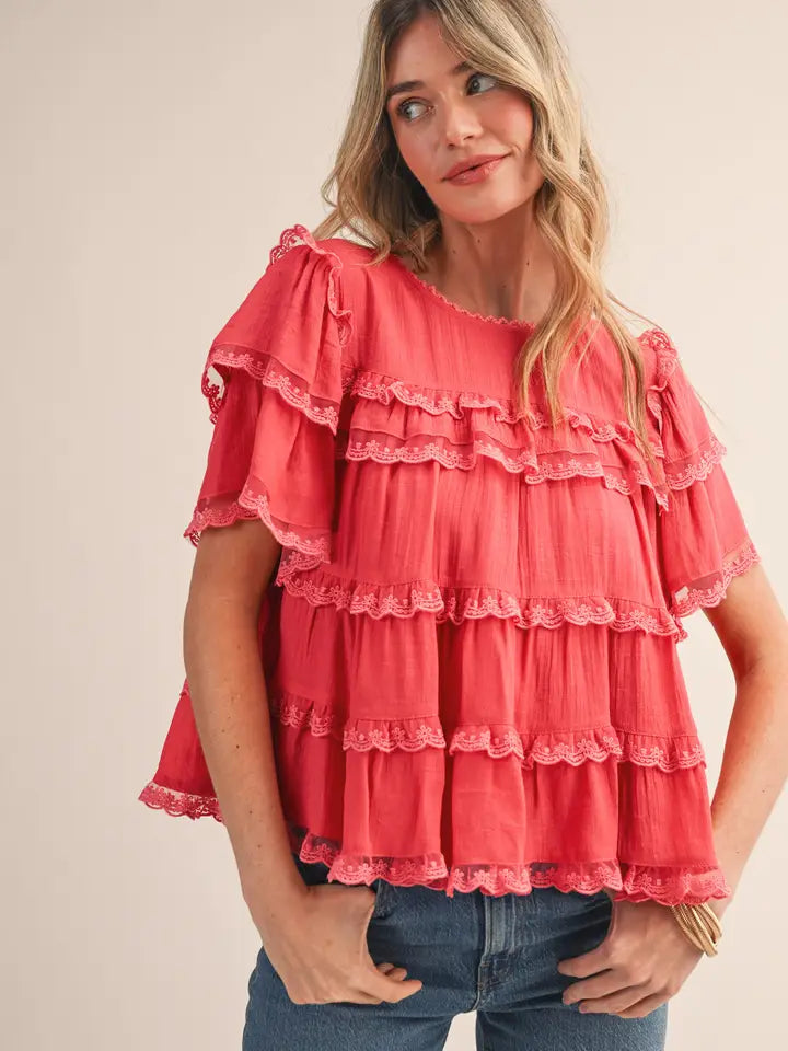 Tiered Ruffle Swing Top - Coral Orange