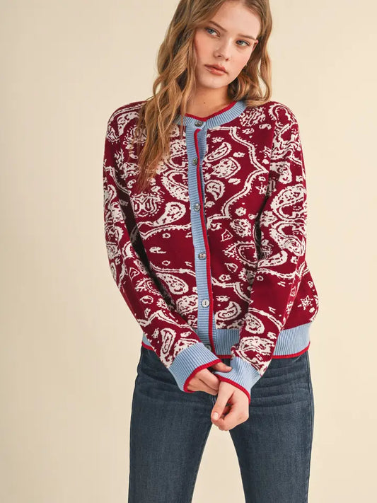 Paisley Contrast Cardigan - Burgundy Blue