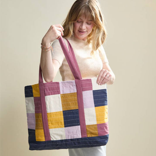 Checkered Canvas Tote Bag - Lilac