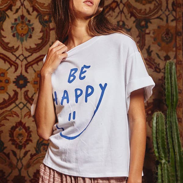 Be Happy Graphic Tee - White/Blue