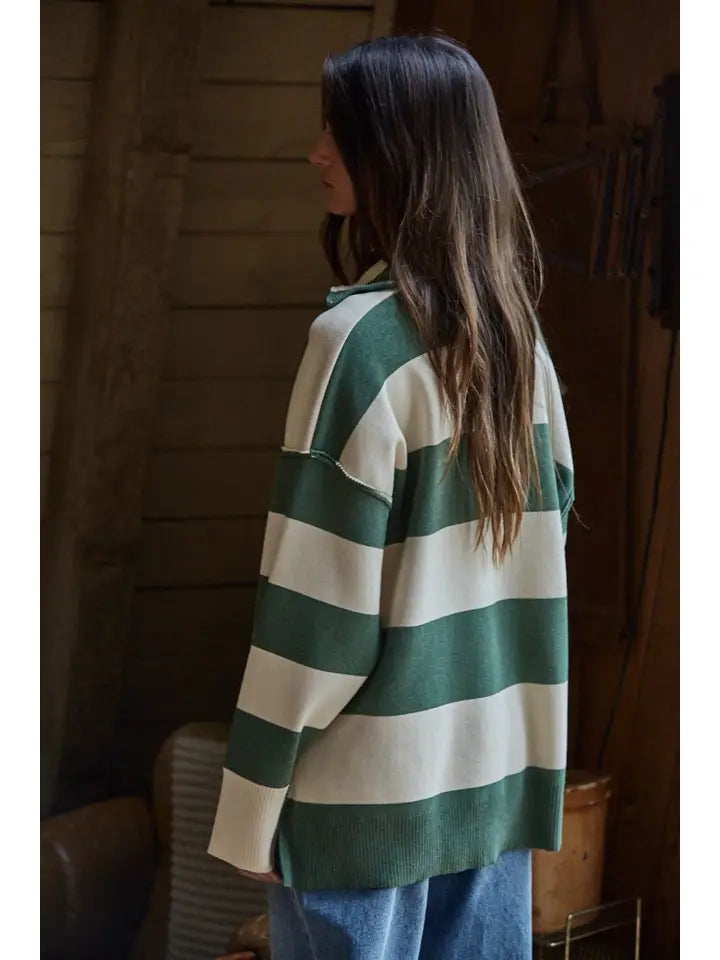 Striped Half Zip Sweater - Green Cream