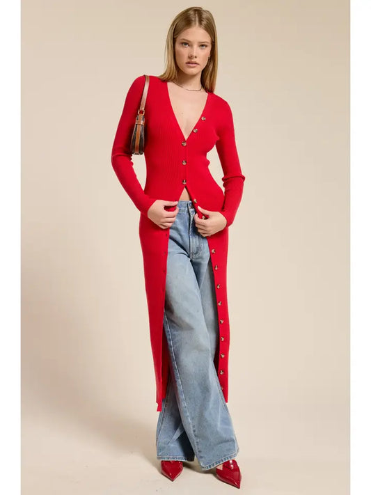 Ribbed Cardigan Midi Dress - Red