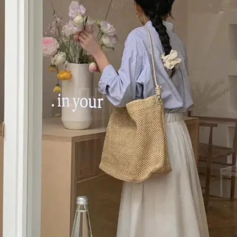 Faux Leather Strap Straw Tote - Beige