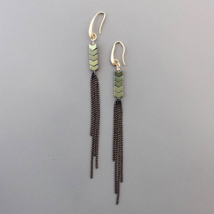 Green Hematite & Chain Shoulder Duster Earrings