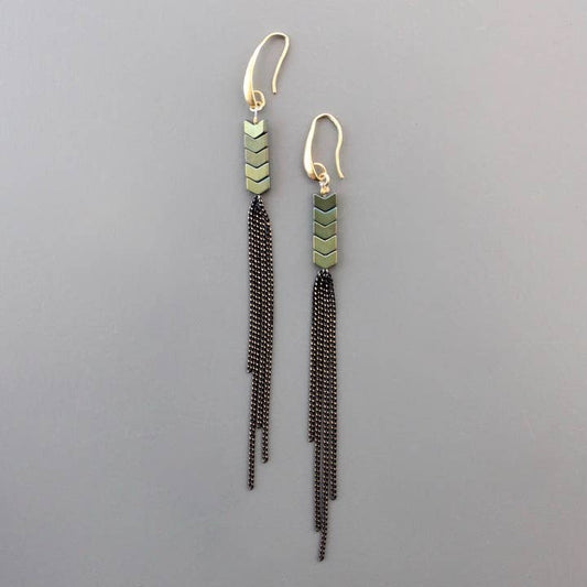 Green Hematite & Chain Shoulder Duster Earrings