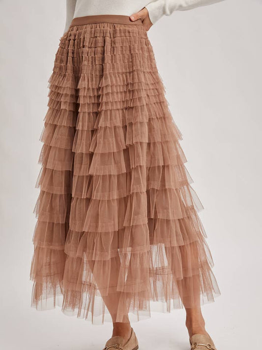 Ruffled Tulle Midi Skirt - Mocha