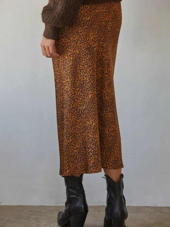 Animal Print Flare Midi Skirt - Camel Multi