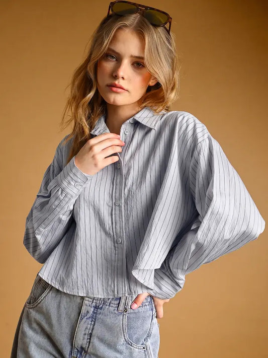 Pinstripe Cropped Button Down - Silver Blue