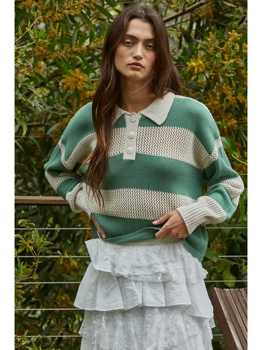 Collared Sweater - Beige/Green