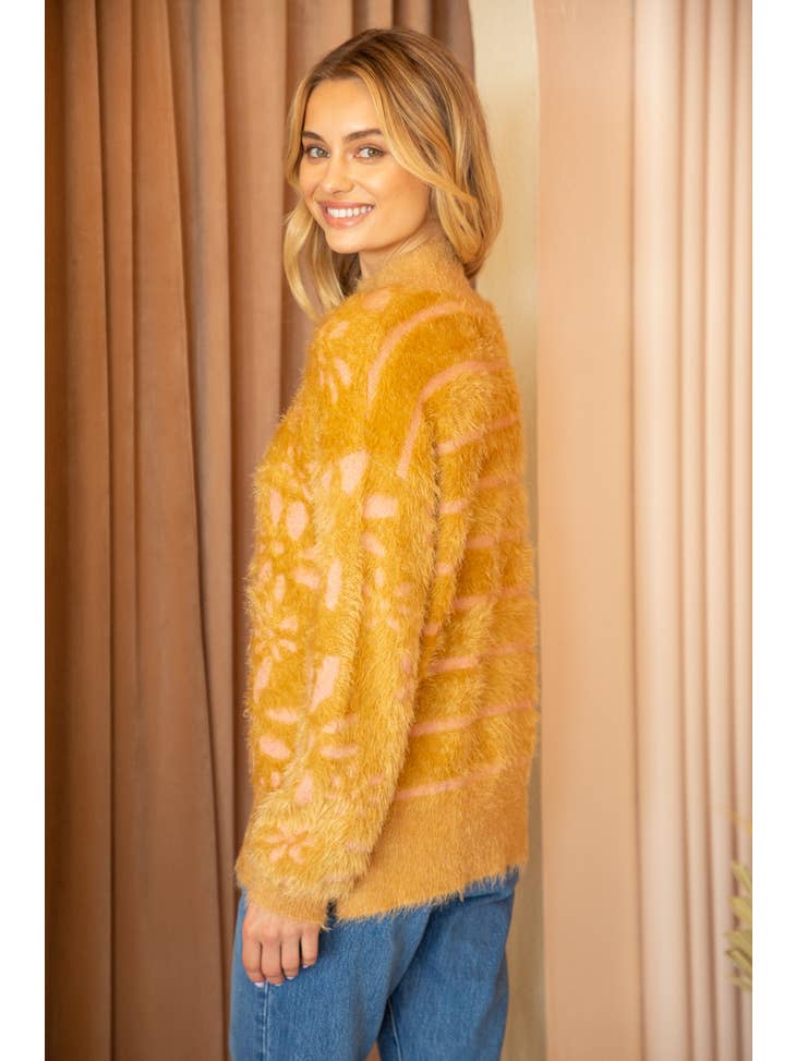 Floral and Stripe Fuzzy Sweater - Mustard