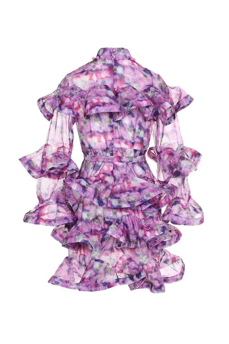 Ruffled Watercolor Mini Dress - Purple