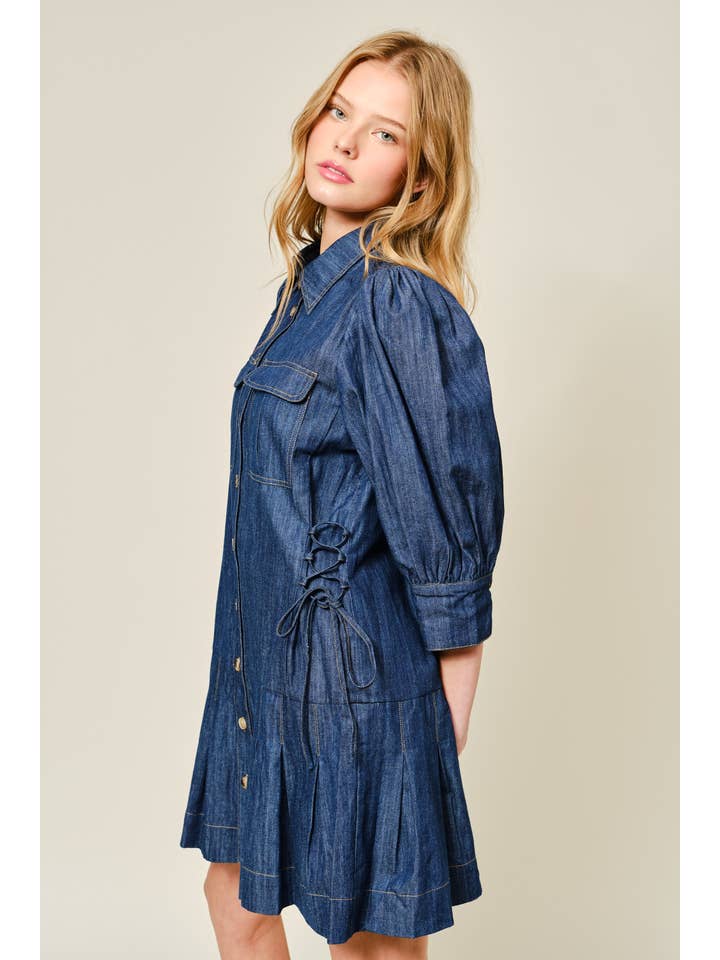 Side Corset Puff Sleeve Dress - Indigo