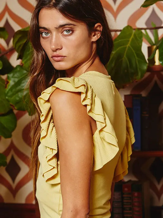 Ruffled Sleeve Cropped Top - Yellow