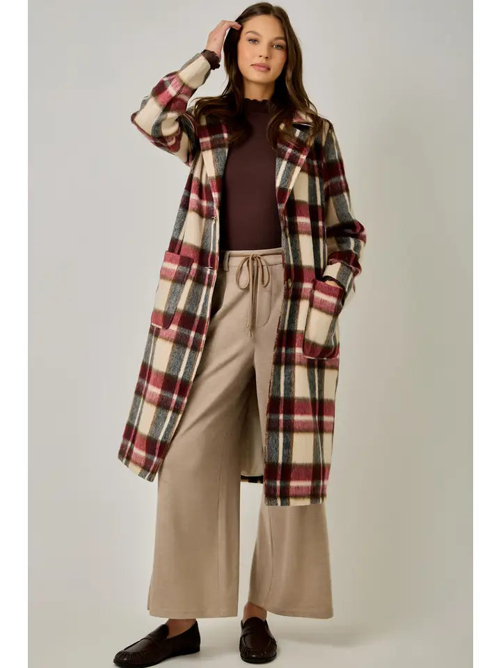Brushed Plaid Long Coat - Ivory Mix