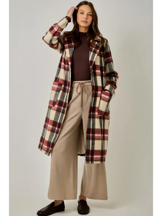 Brushed Plaid Long Coat - Ivory Mix