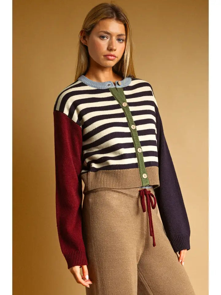 Stripe Mix Pattern Button Front Cardigan - Navy Multi