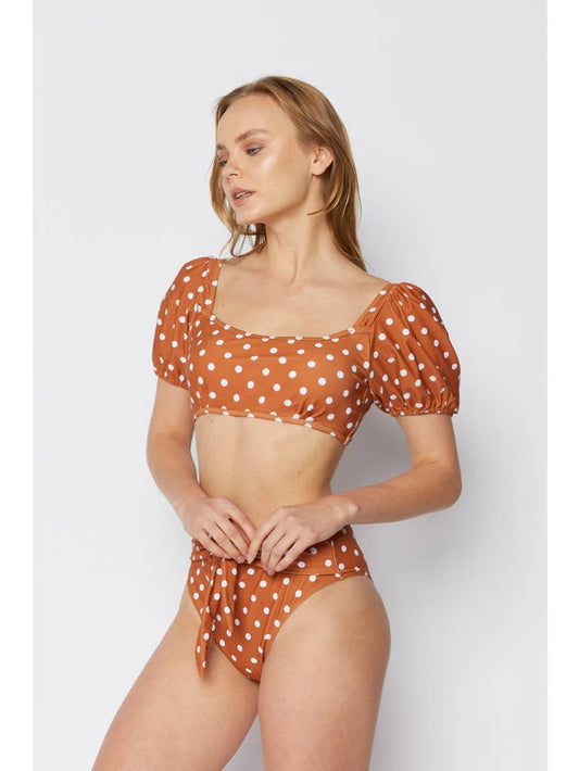 Puff Sleeve Swimsuit - Brick White Dot