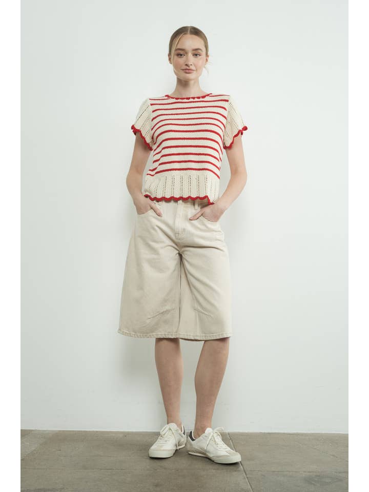 Striped Crochet Sweater - Natural/Red