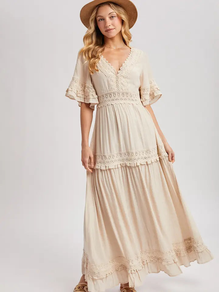 V-Neck Lace Trim Maxi Dress - Shell