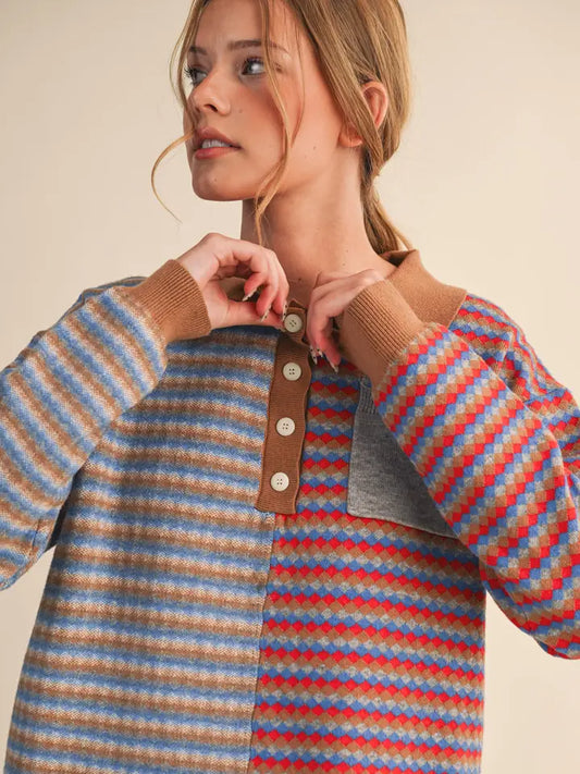Stripe Collared Sweater - Camel Red Multi