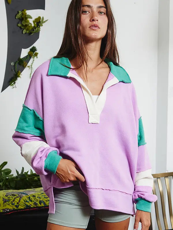 Color Block Rugby Top - Lavender/Green