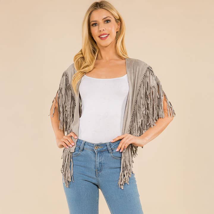 Faux Suede Tassel Shawl - Gray
