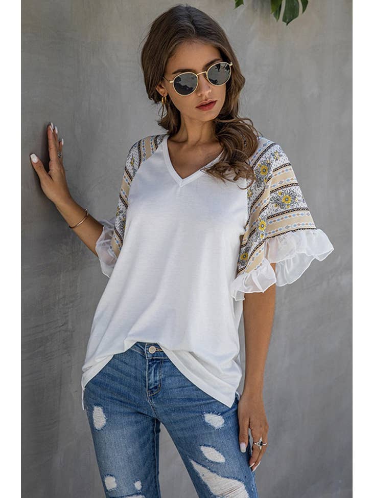 Printed Ruffle Sleeve Top - White - FINAL SALE