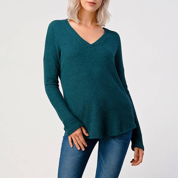V-Neck Brushed Knit Top - Teal Green