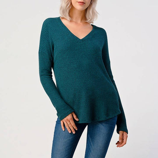 V-Neck Brushed Knit Top - Teal Green