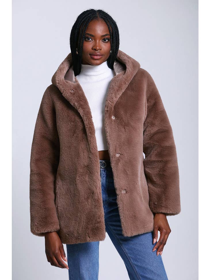 Hooded Faux Fur Coat - Taupe