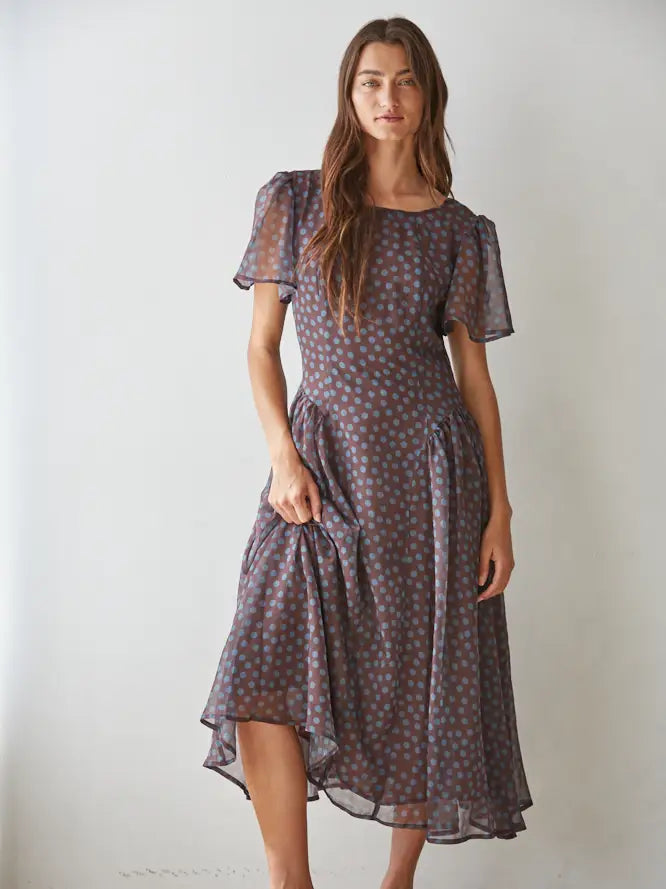 Chiffon Polka Dot Midi Dress - Brown Teal