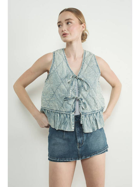 Ruffle Bottom Denim Vest - Medium Wash