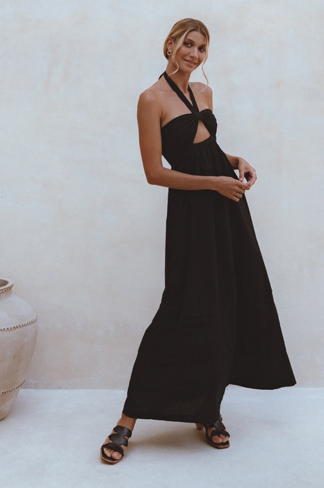 Penelope Halter Linen Maxi Dress - Black