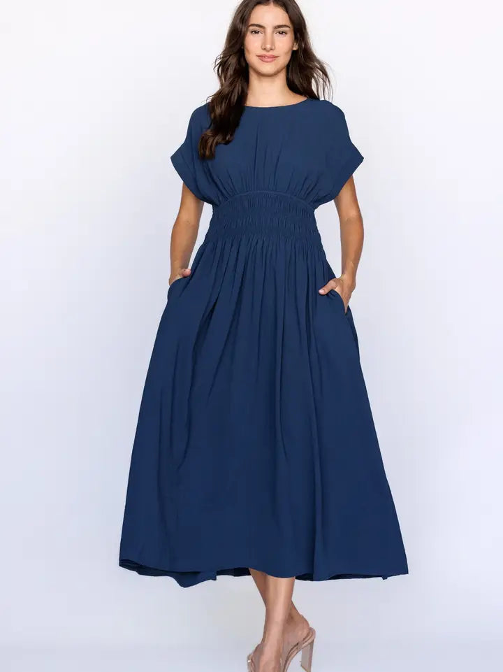 Smocked Waist Midi Dress - Dark Teal