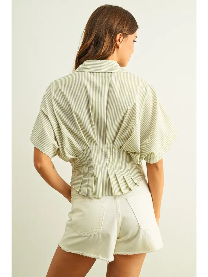 Pleated Waist Button Down - Sage