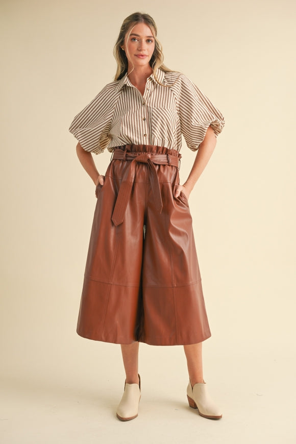 Striped Bubble Sleeve Button Down - Pecan