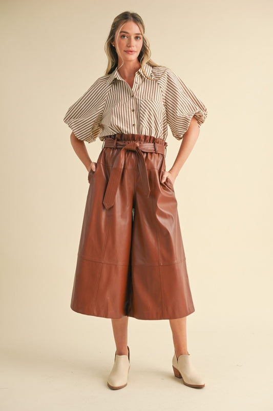 Striped Bubble Sleeve Button Down - Pecan
