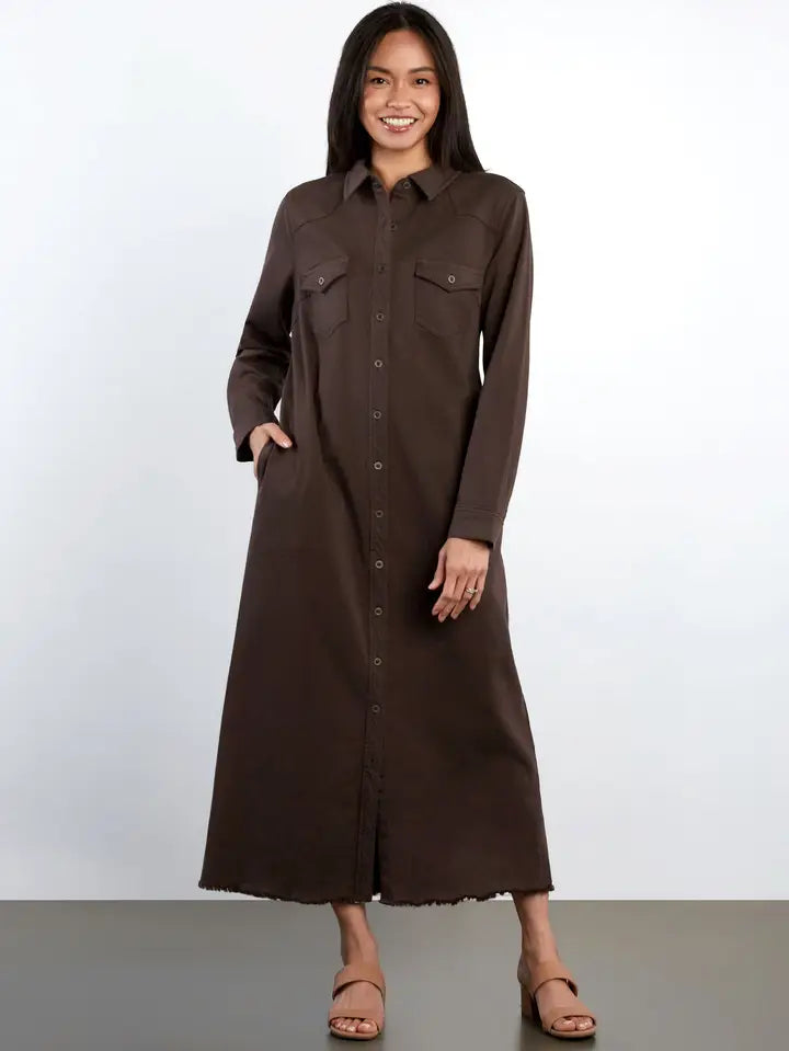 Denim Maxi Shirt Dress - Chocolate Brown