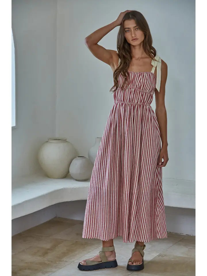 Striped Sleeveless Midi Dress - Red