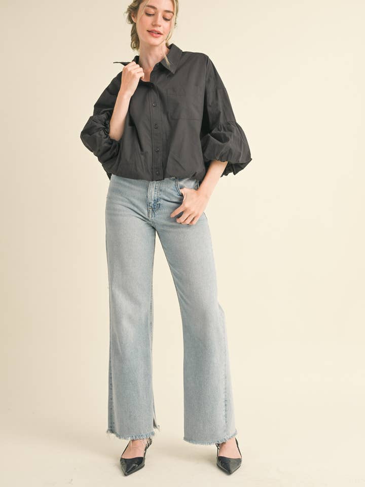 Bubble Sleeve Button Down - Black