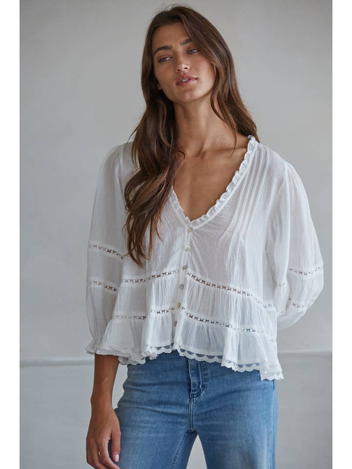 Woven Quarter Sleeve Top - White