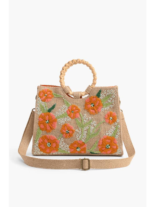 Floral Beaded Jute Shoulder Bag