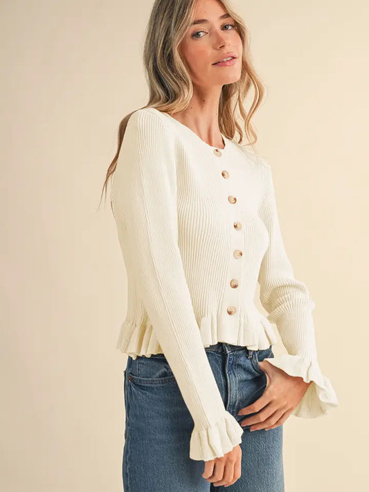 Ruffle Hem Ribbed Cardigan - Cloud Dancer