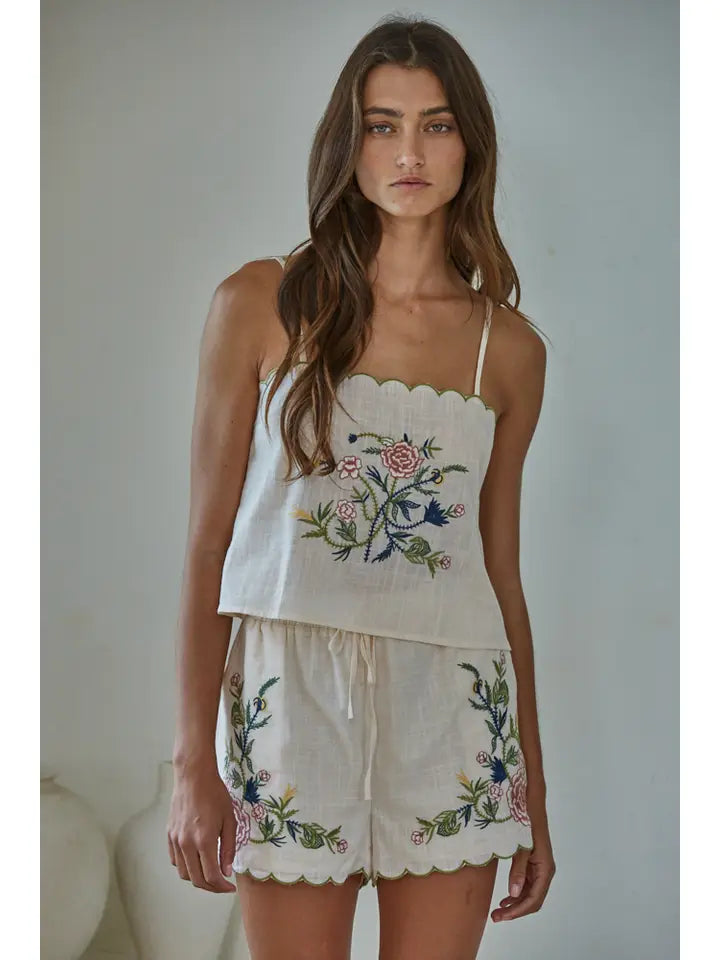 Embroidered Sleeveless Top - Natural