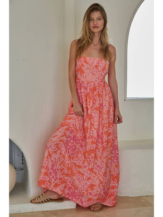 Open Back Smocked Maxi Dress - Orange Pink