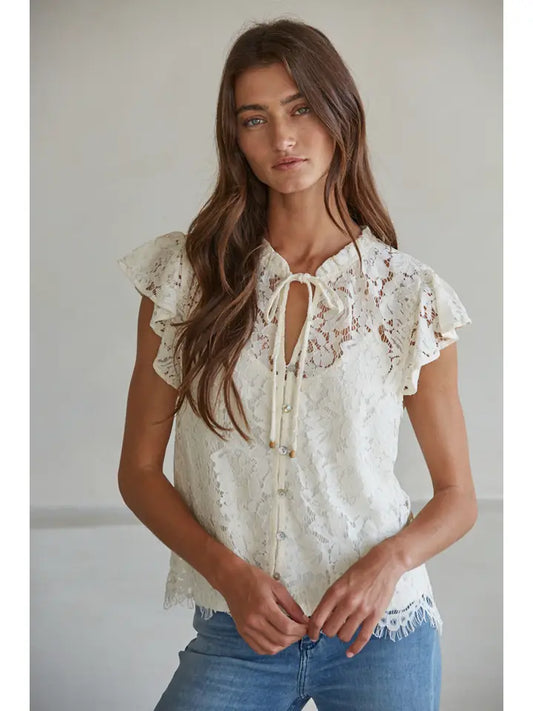 Lace Flutter Sleeve Top - Cream